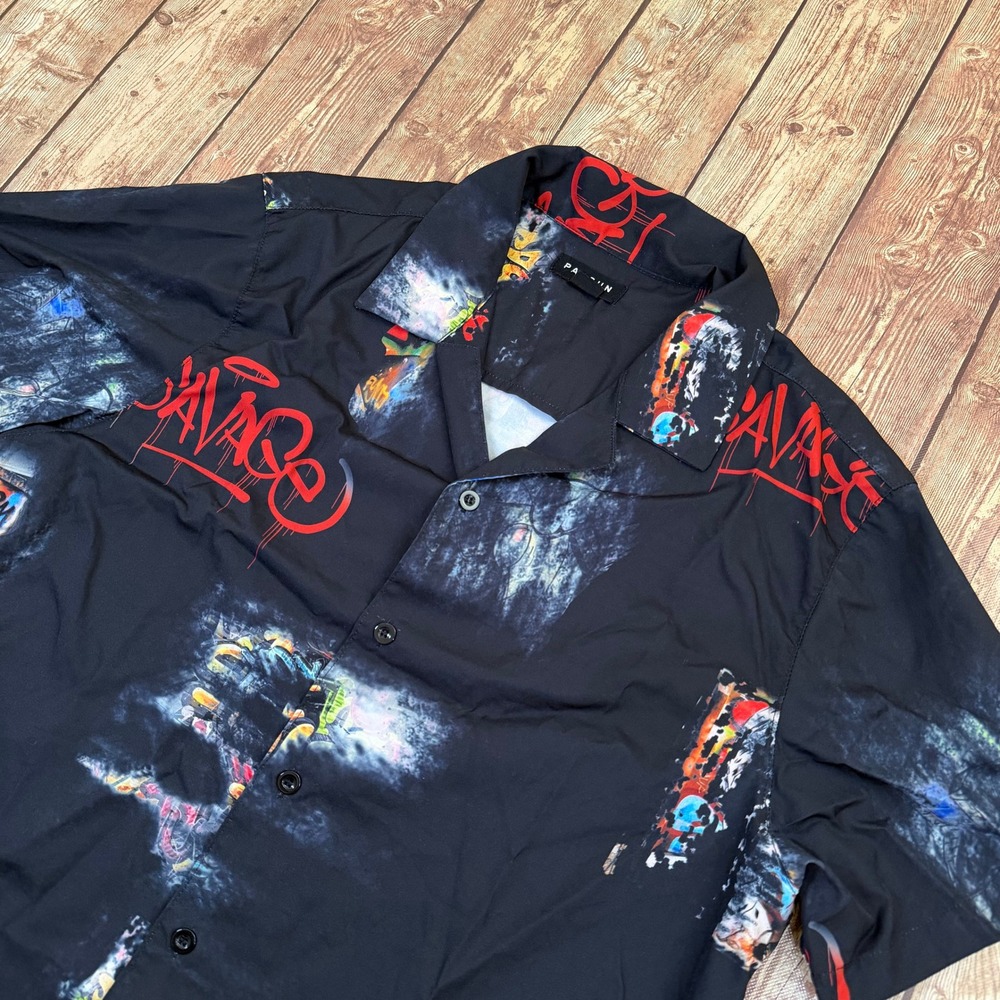 PacSun Savage Graffiti Button Up Shirt Mens Medium Black Short Sleeve Camp